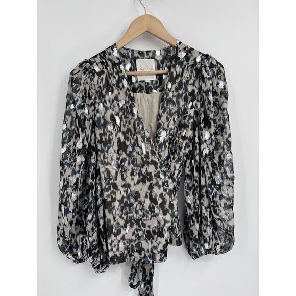 Part Two Copenhagen Metallic Animal print Puff Sleeve Wrap Top 36 - Picture 1 of 5